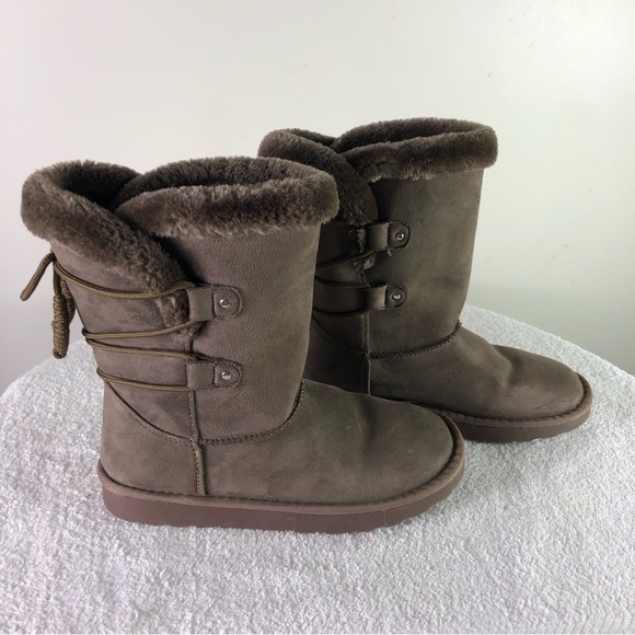 POP women’s memory foam mid calf faux fur lined pull on boots Sz 7M tie detail - Picture 2 of 7